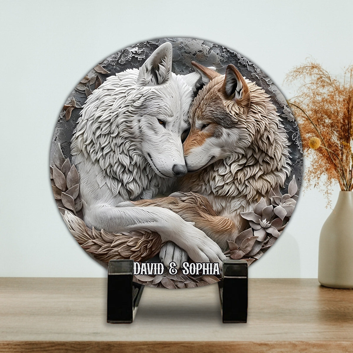 Wolf Couple - Personalized Wolf Round Shaped Stone