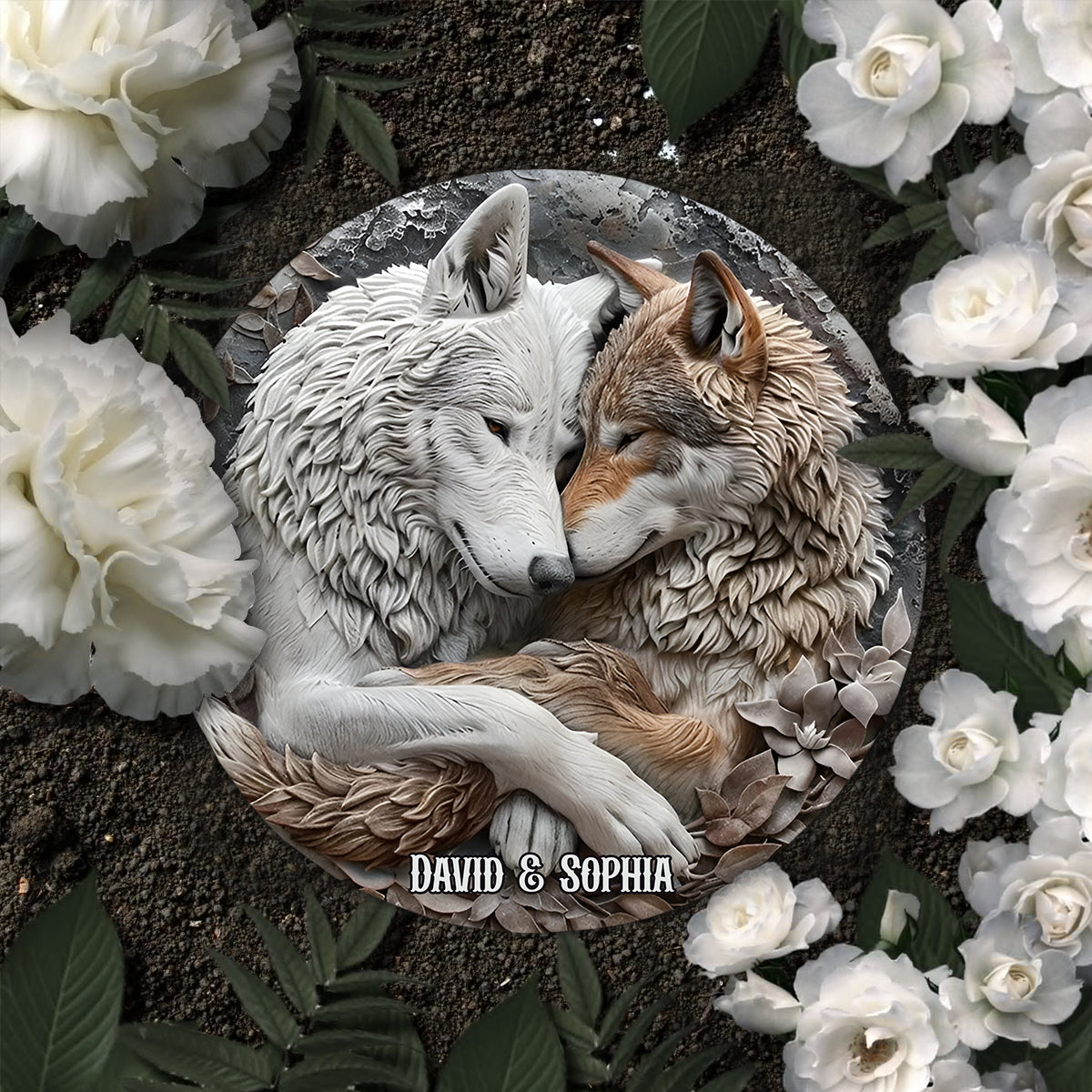 Wolf Couple - Personalized Wolf Round Shaped Stone