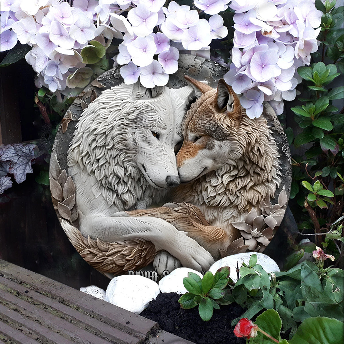 Wolf Couple - Personalized Wolf Round Shaped Stone