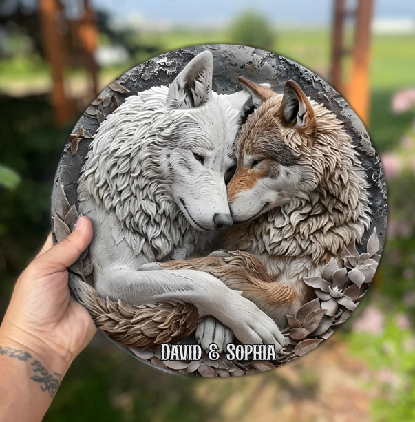Wolf Couple - Personalized Wolf Round Shaped Stone