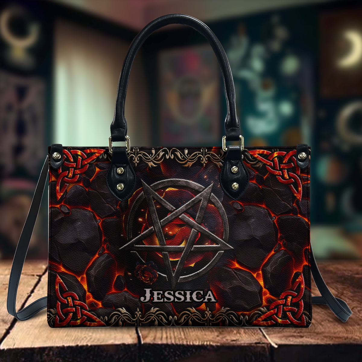 Pentacle volcanique - Sac à main en cuir personnalisé pour sorcière