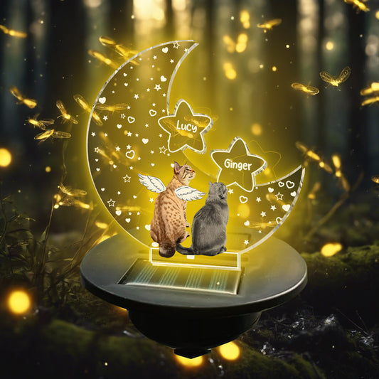 En souvenir de notre chat, ami des pattes, sur la lune - Cadeau de sympathie suite à la perte d'un animal de compagnie - Lampe solaire personnalisée pour jardin en forme de chat