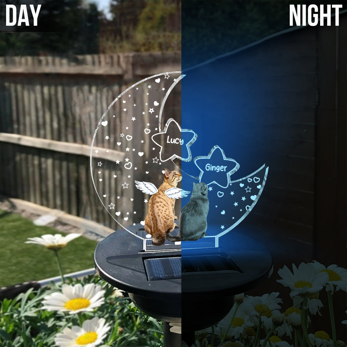 En souvenir de notre chat, ami des pattes, sur la lune - Cadeau de sympathie suite à la perte d'un animal de compagnie - Lampe solaire personnalisée pour jardin en forme de chat