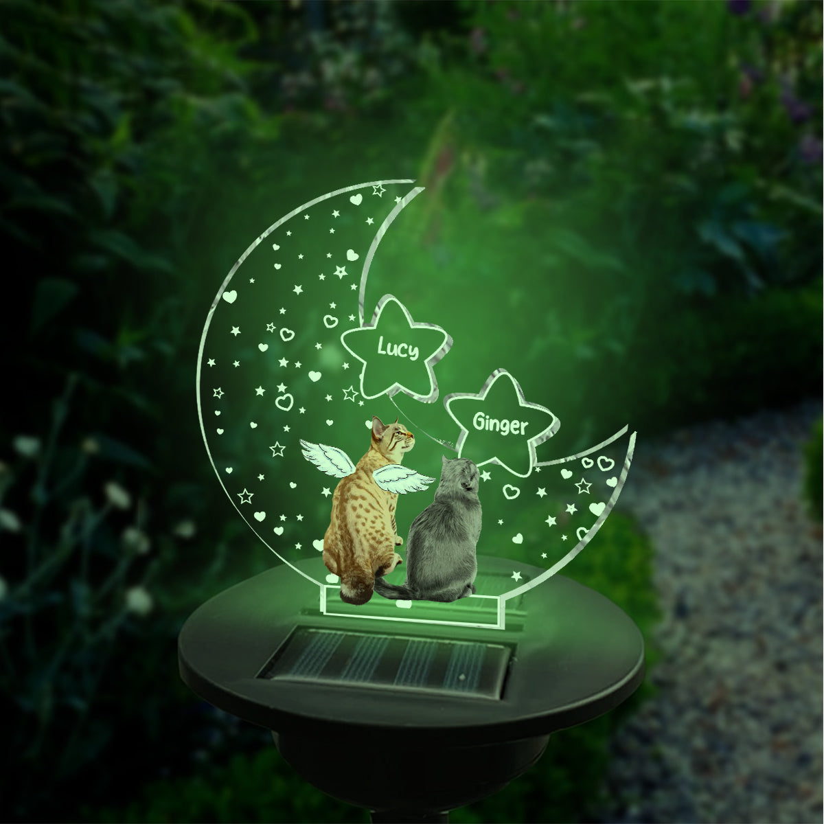 En souvenir de notre chat, ami des pattes, sur la lune - Cadeau de sympathie suite à la perte d'un animal de compagnie - Lampe solaire personnalisée pour jardin en forme de chat
