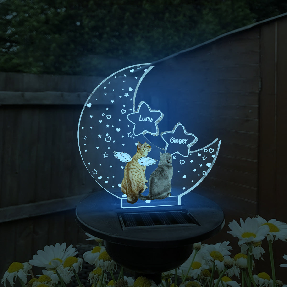 En souvenir de notre chat, ami des pattes, sur la lune - Cadeau de sympathie suite à la perte d'un animal de compagnie - Lampe solaire personnalisée pour jardin en forme de chat
