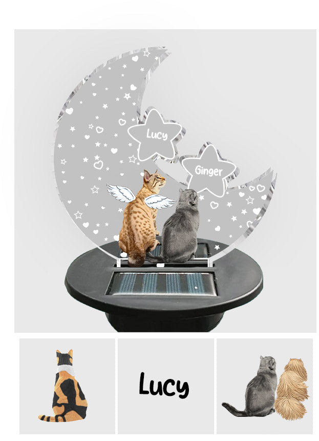 En souvenir de notre chat, ami des pattes, sur la lune - Cadeau de sympathie suite à la perte d'un animal de compagnie - Lampe solaire personnalisée pour jardin en forme de chat