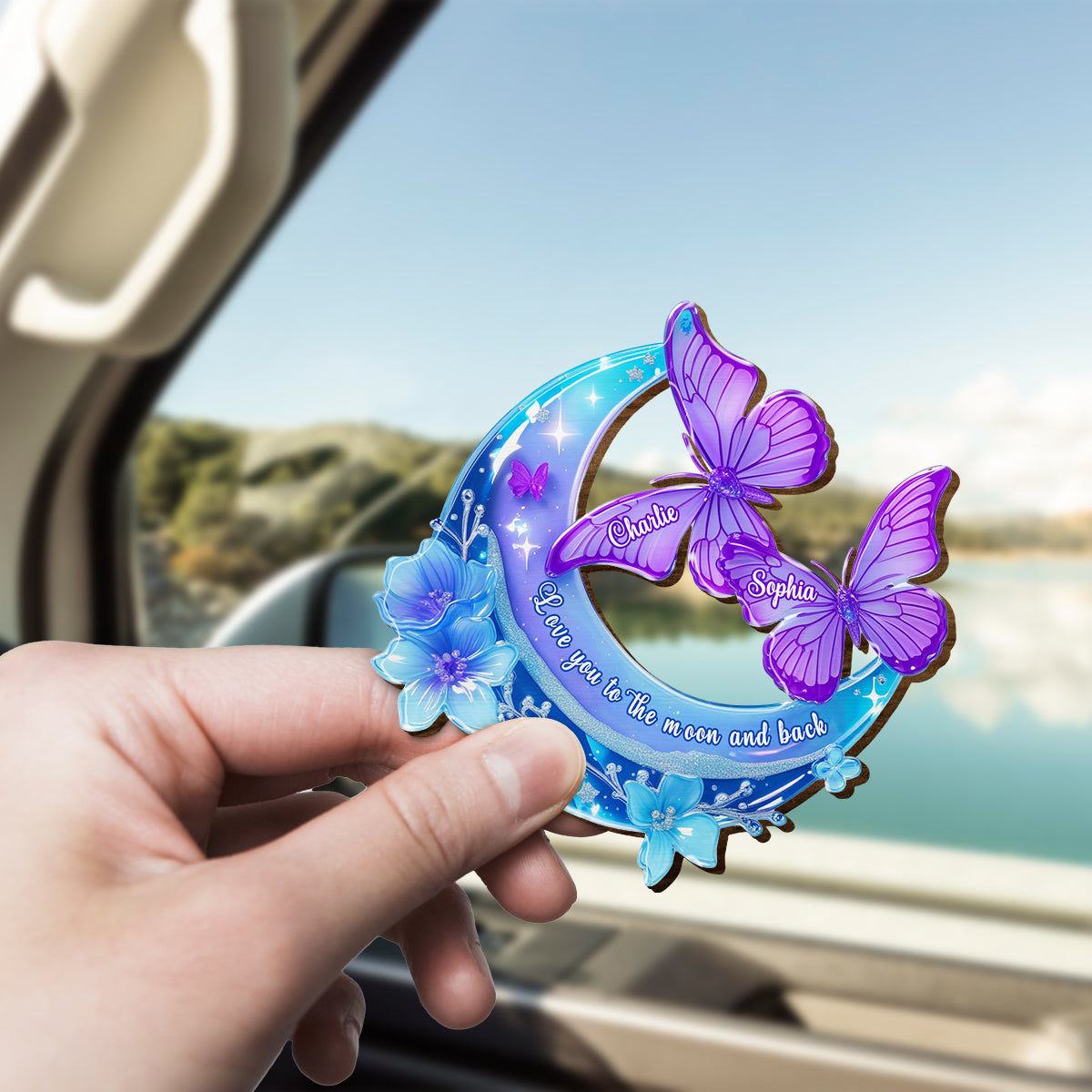 Je t'aime jusqu'à la lune et retour - Clip de pare-soleil de voiture personnalisé en forme de couple