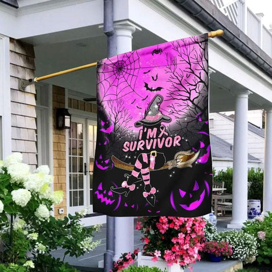 Je suis une survivante, sorcière citrouille d'Halloween - Drapeau de sensibilisation au cancer du sein 0822
