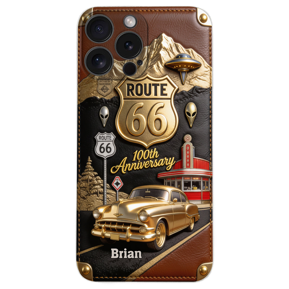 Étui de téléphone en cuir personnalisé pour les passionnés de voitures, à l'occasion du 100e anniversaire de la Route 66
