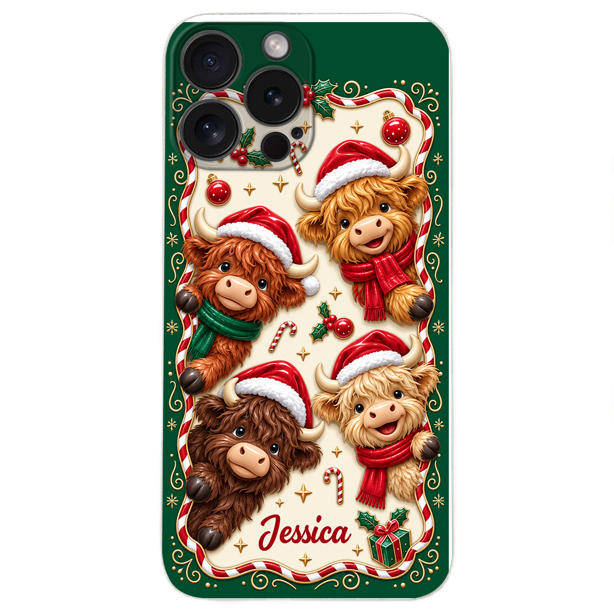 Merry Christmas Cute Highland Cows - Personalized Highland Cow 3D Embossed Leather Phone Case