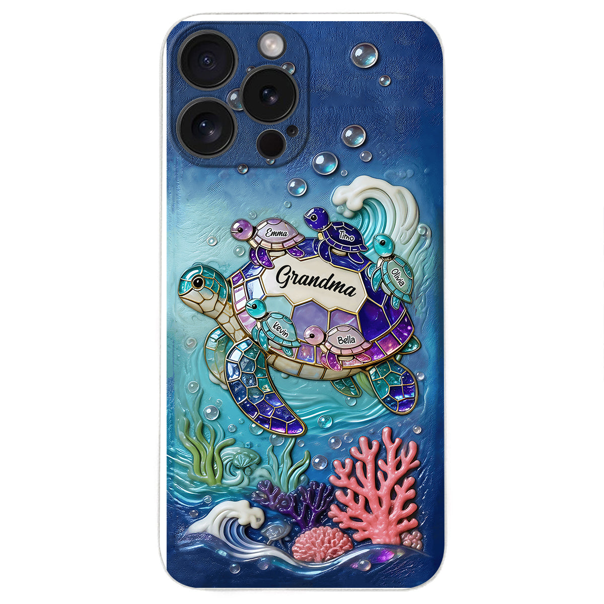 Grandma Turtle - Personalized Turtle 3D Embossed Leather Phone Case