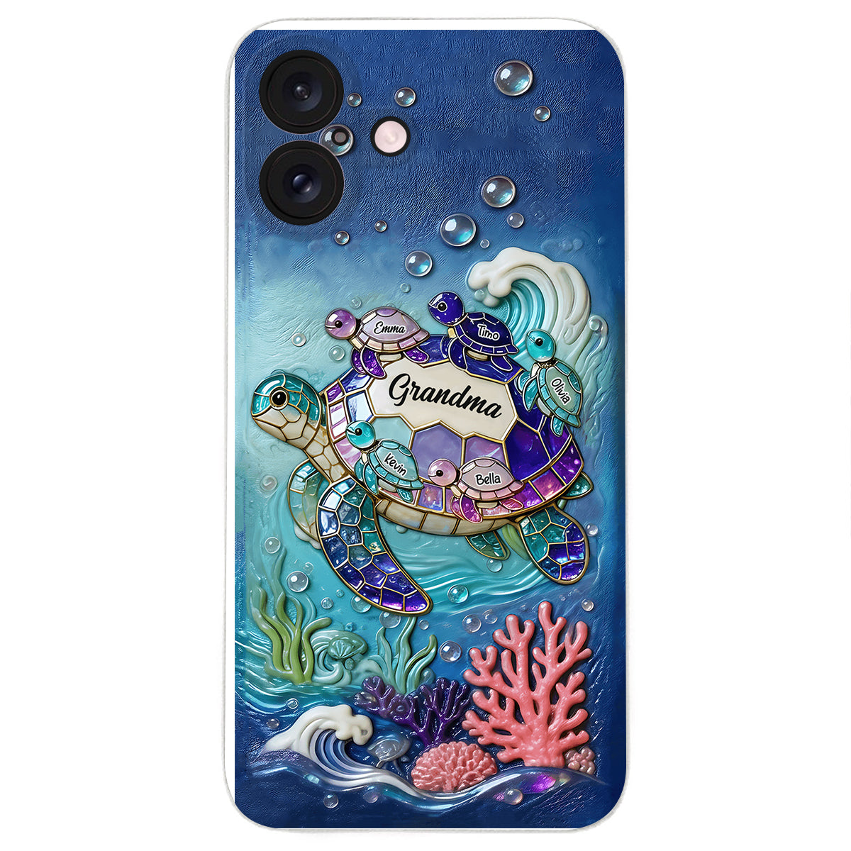 Grandma Turtle - Personalized Turtle 3D Embossed Leather Phone Case