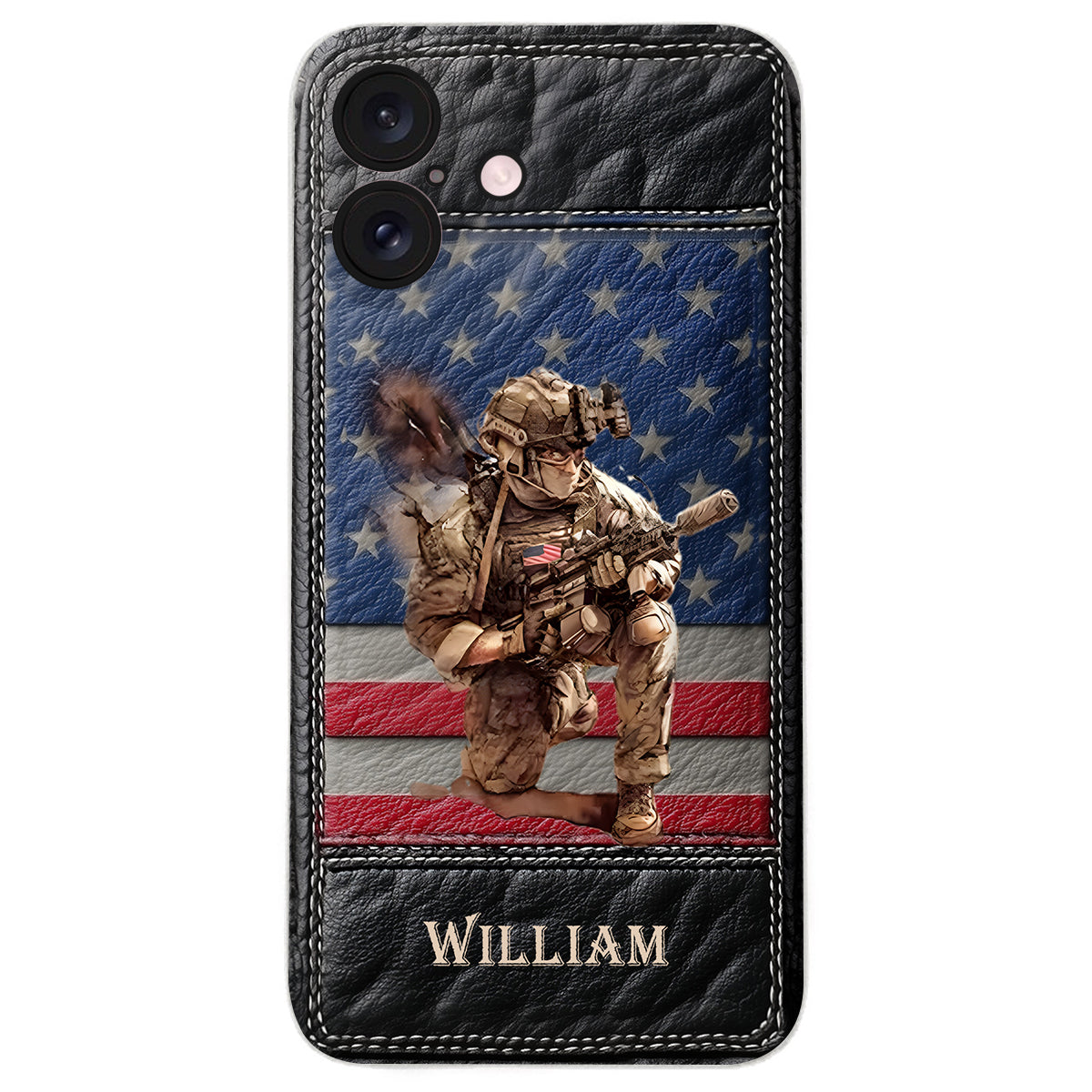 Étui de téléphone en cuir personnalisé pour vétéran - Art militaire