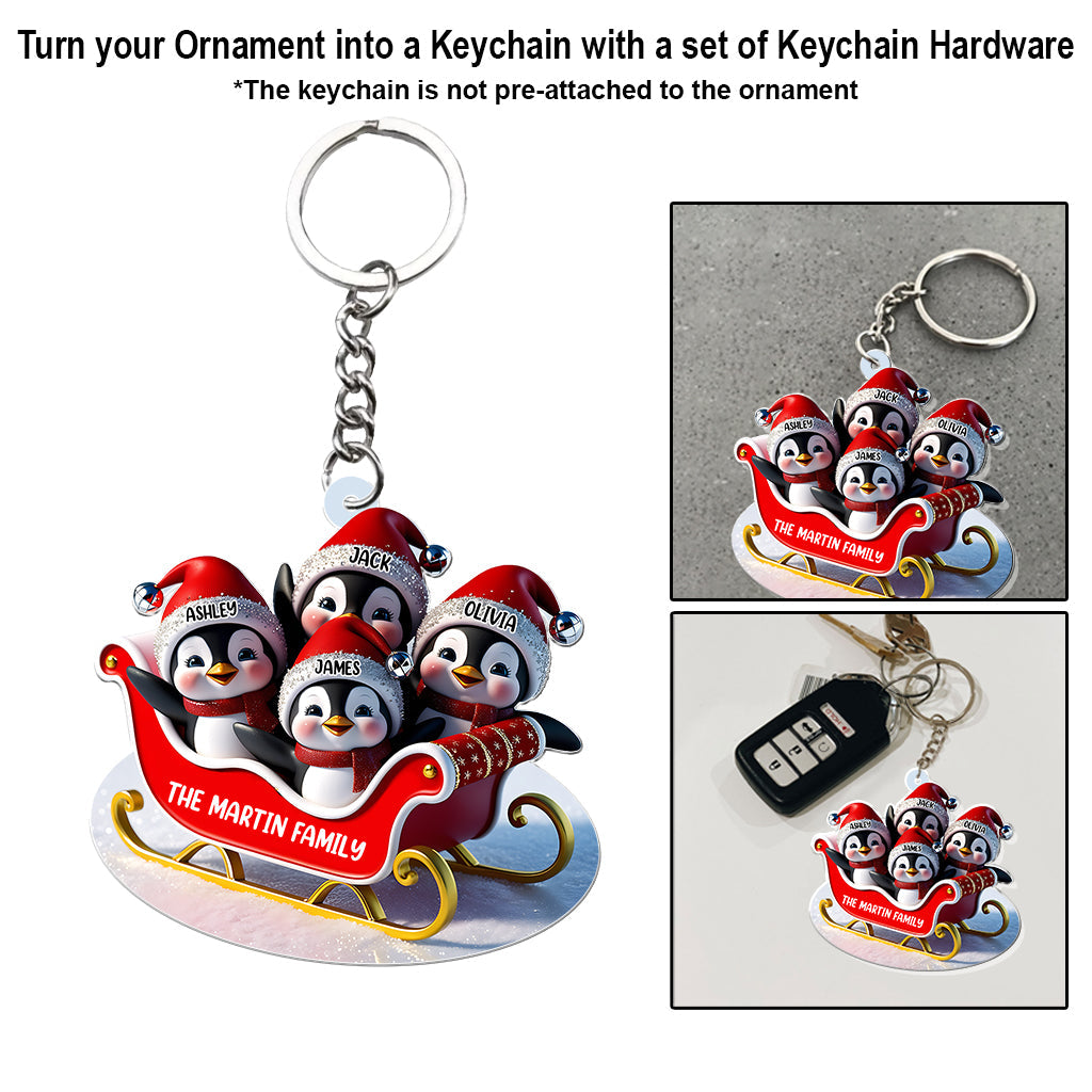 Famille de pingouins en traîneau - Ornement transparent personnalisé pour la famille