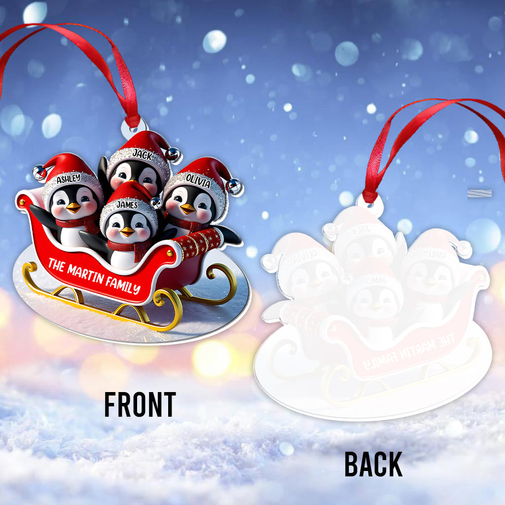 Famille de pingouins en traîneau - Ornement transparent personnalisé pour la famille
