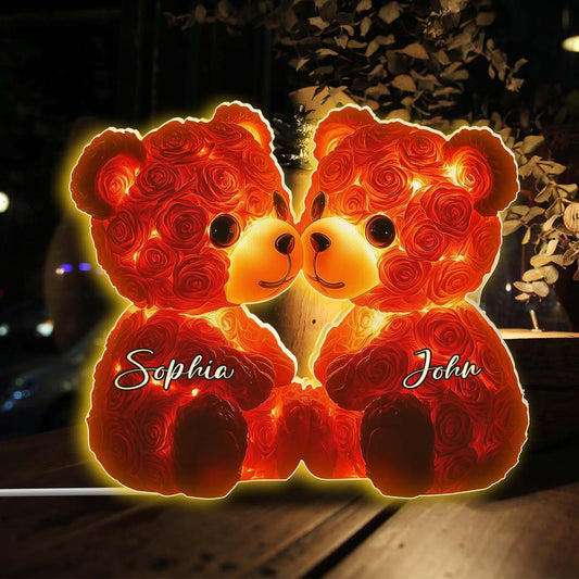 Couple d'oursons aux roses rouges mignonnes - Boîte lumineuse personnalisée en forme de couple