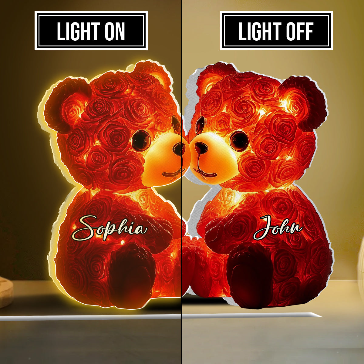 Cute Red Roses Bear Couple - Personalized Couple Shaped Light Box