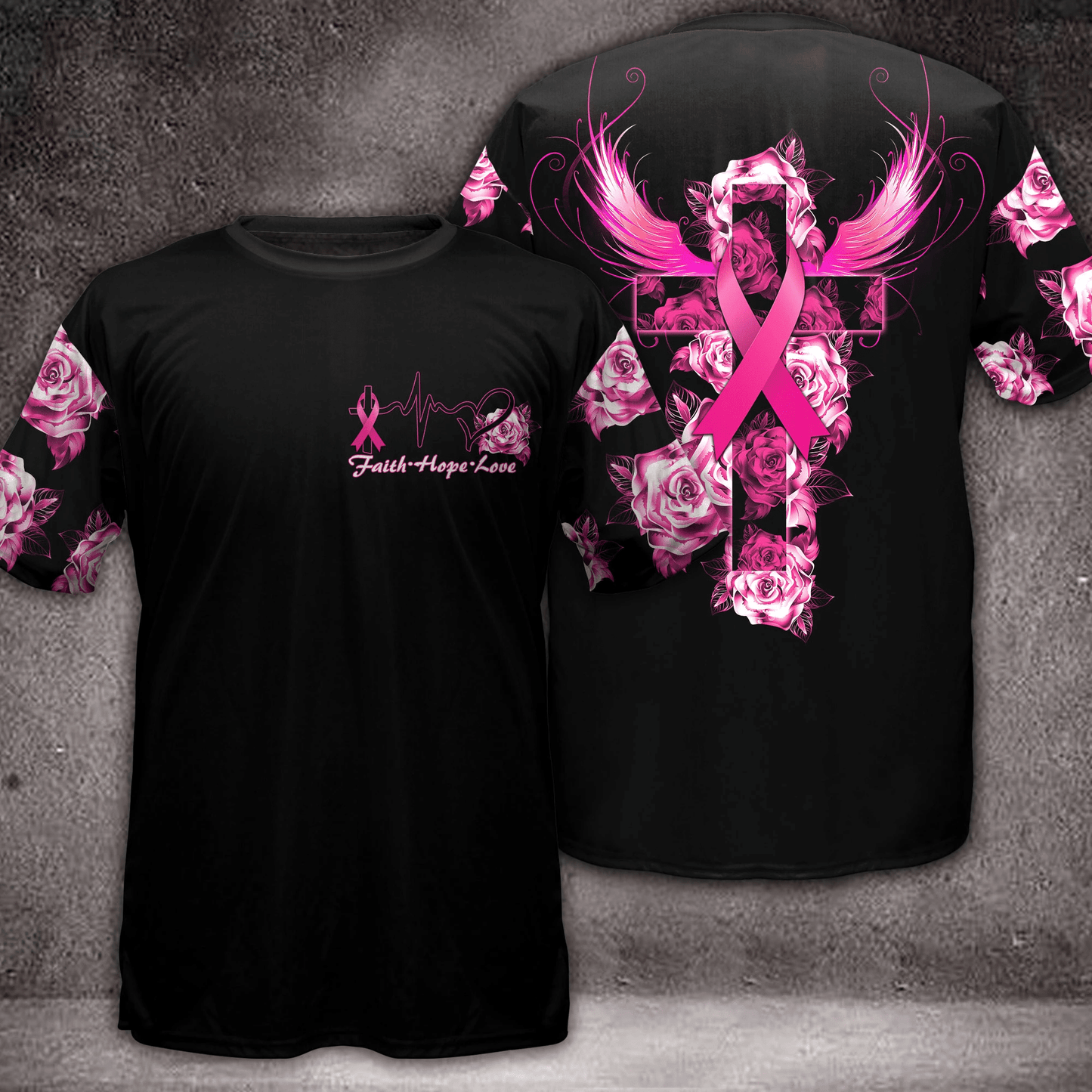 T-shirt et sweat à capuche « Rose, Croix, Ailes et Foi » pour la sensibilisation au cancer du sein (0822)