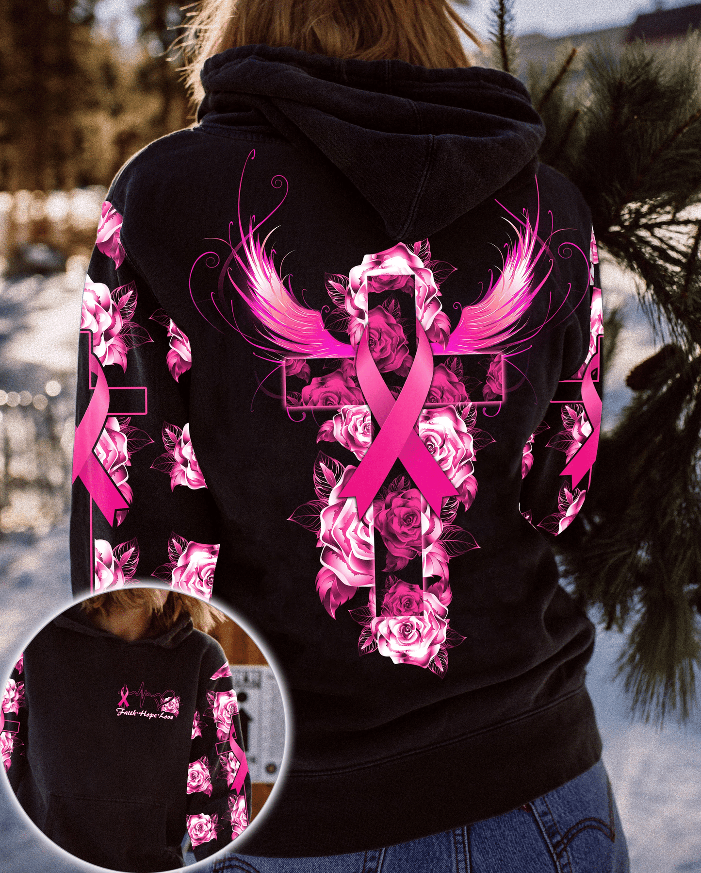 T-shirt et sweat à capuche « Rose, Croix, Ailes et Foi » pour la sensibilisation au cancer du sein (0822)