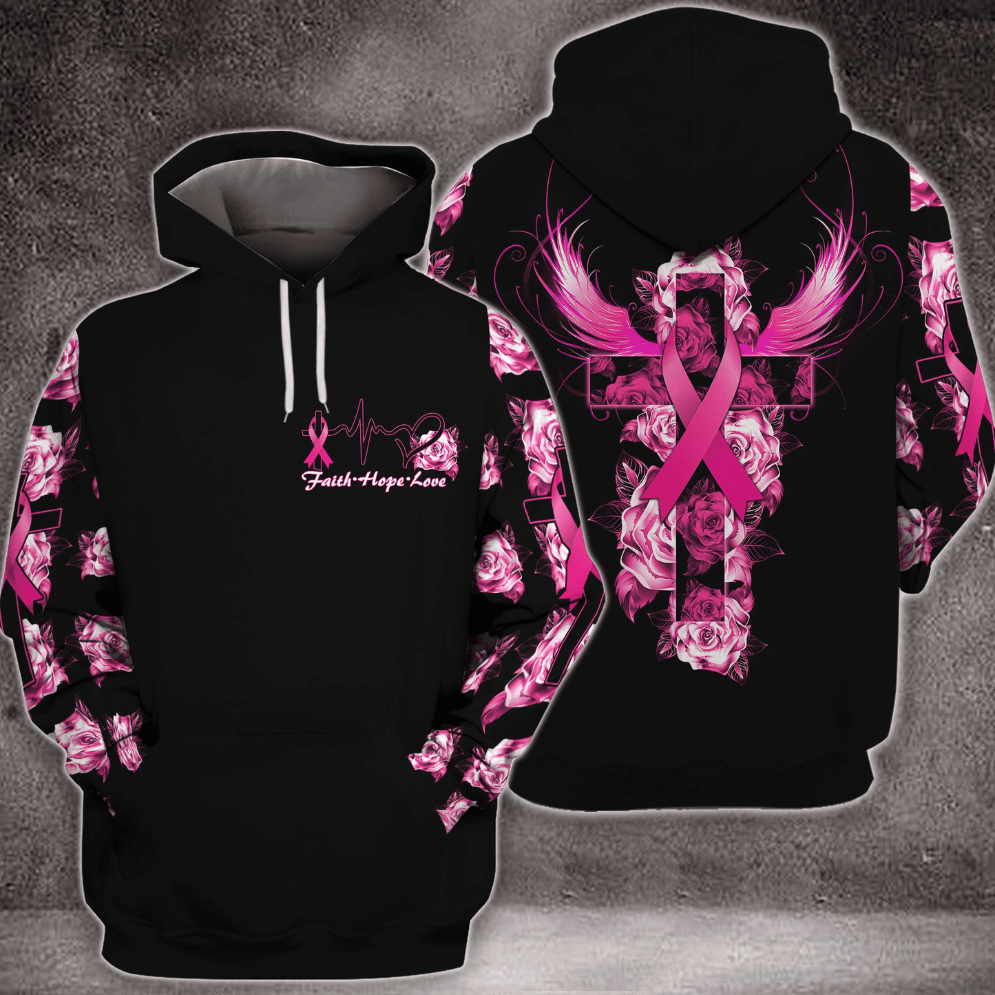 T-shirt et sweat à capuche « Rose, Croix, Ailes et Foi » pour la sensibilisation au cancer du sein (0822)