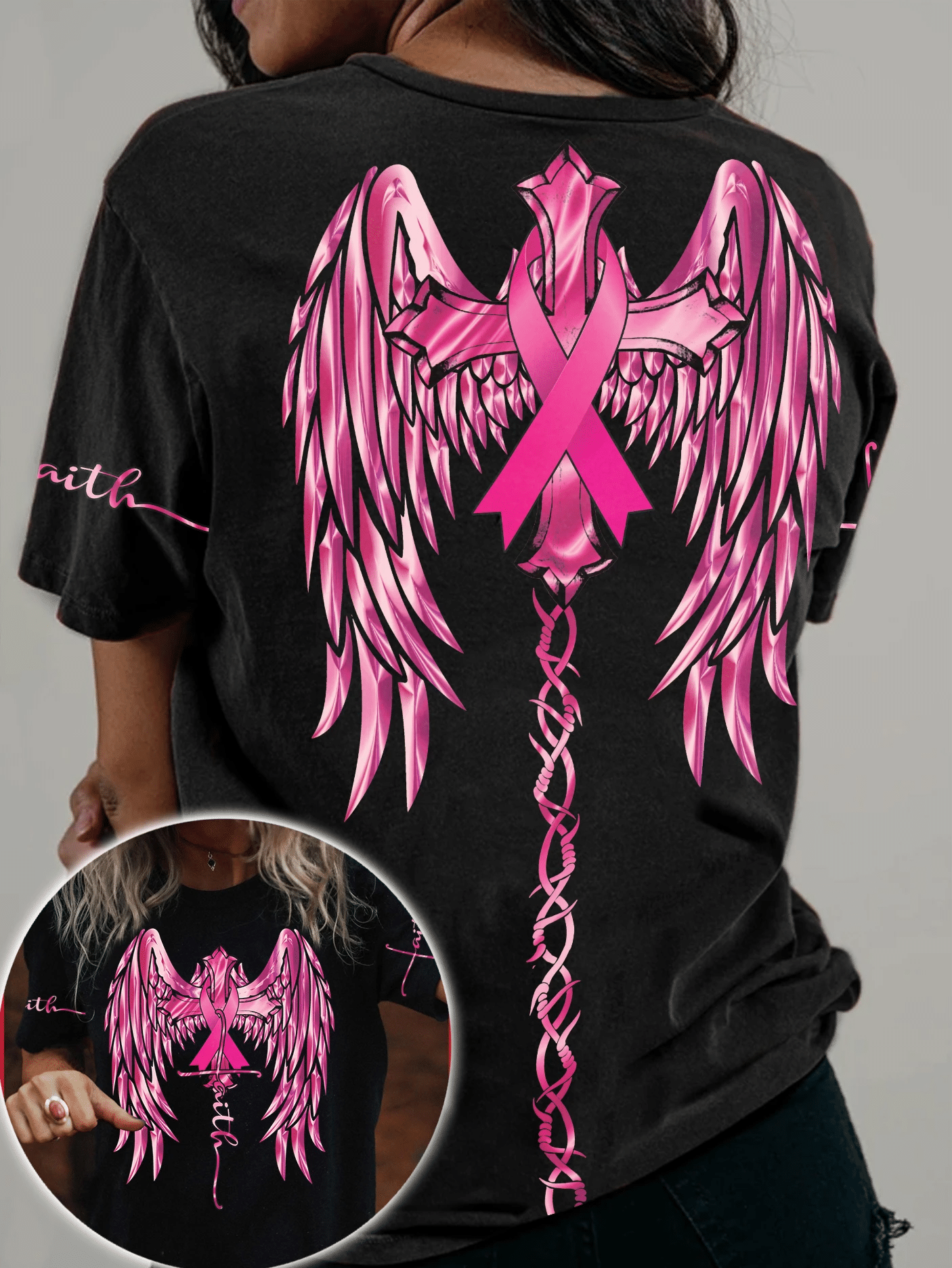 T-shirt et sweat à capuche Faith Wings Cross Breast Cancer - Sensibilisation au cancer du sein (0822)