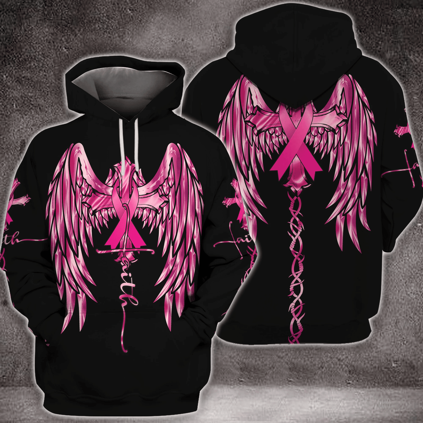 T-shirt et sweat à capuche Faith Wings Cross Breast Cancer - Sensibilisation au cancer du sein (0822)