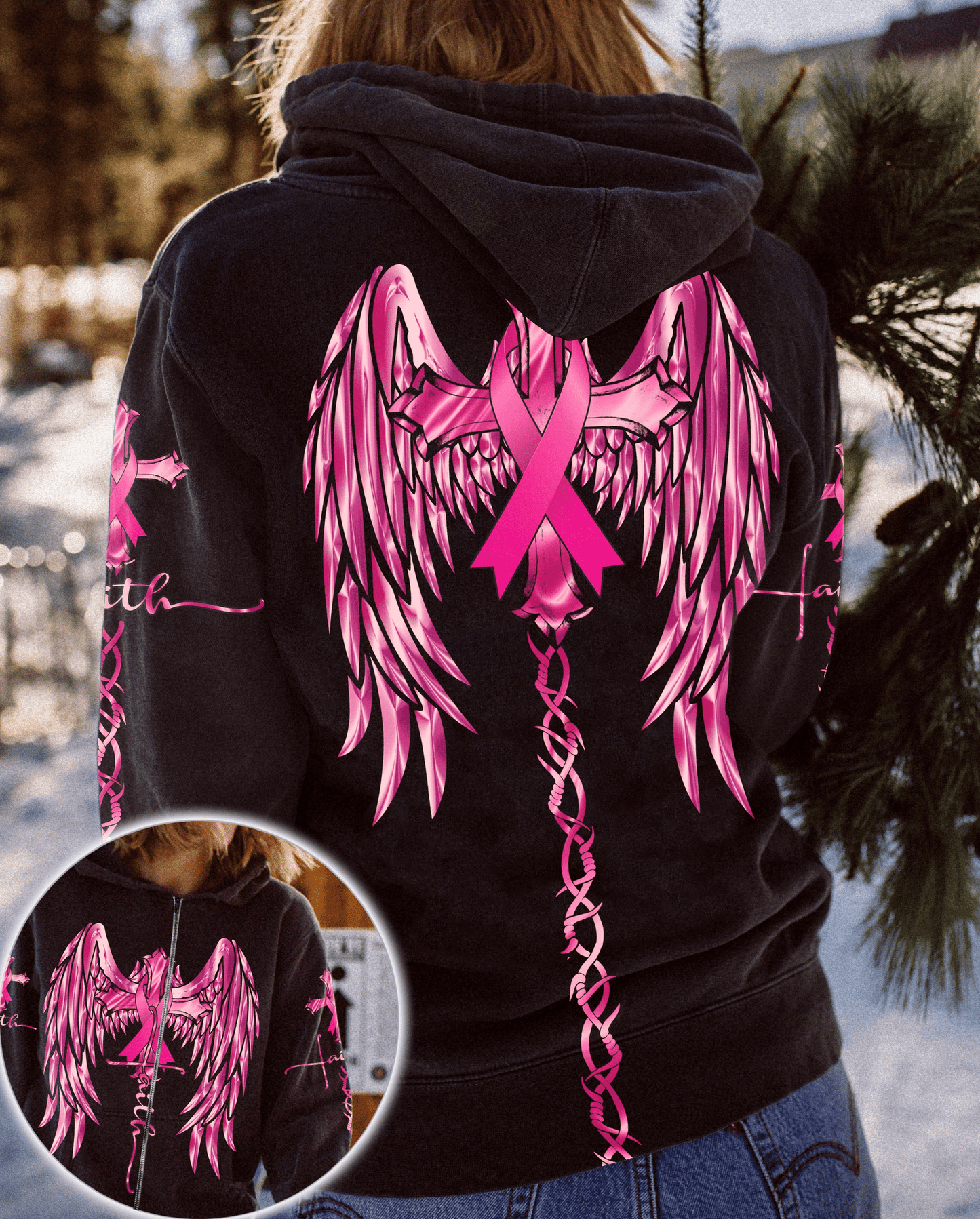 T-shirt et sweat à capuche Faith Wings Cross Breast Cancer - Sensibilisation au cancer du sein (0822)