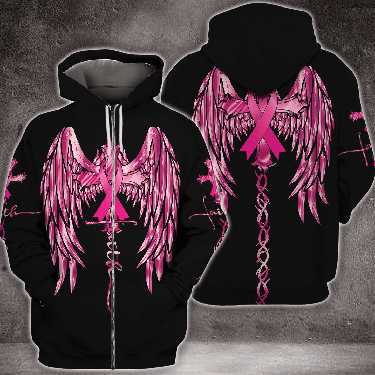 T-shirt et sweat à capuche Faith Wings Cross Breast Cancer - Sensibilisation au cancer du sein (0822)