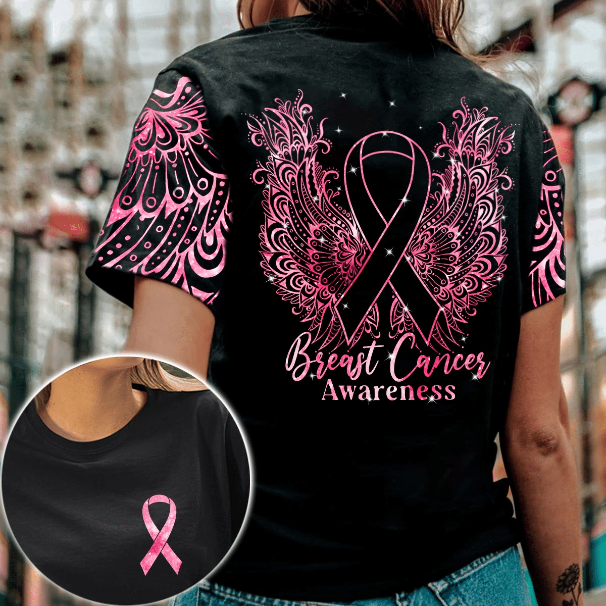 T-shirt et sweat à capuche Mandala Breast Cancer Wings - Sensibilisation au cancer du sein (0822)