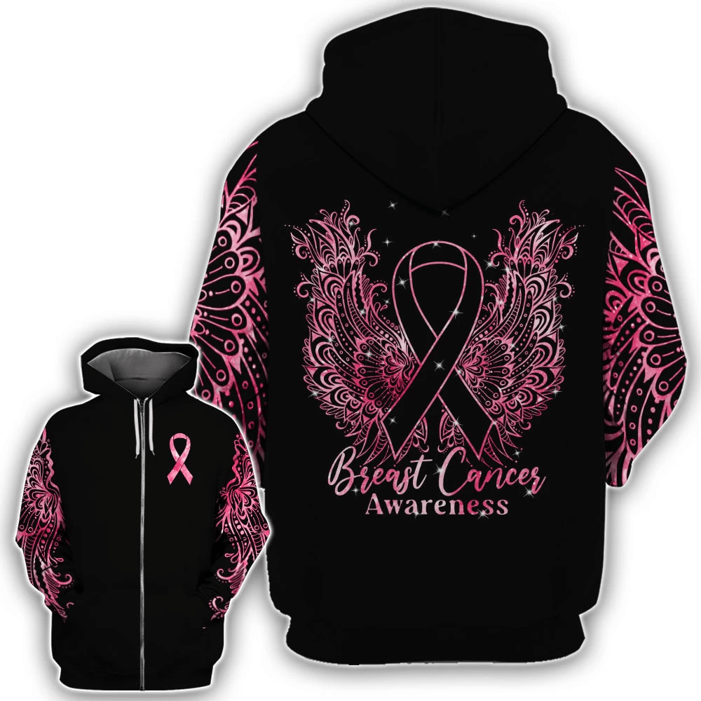 T-shirt et sweat à capuche Mandala Breast Cancer Wings - Sensibilisation au cancer du sein (0822)