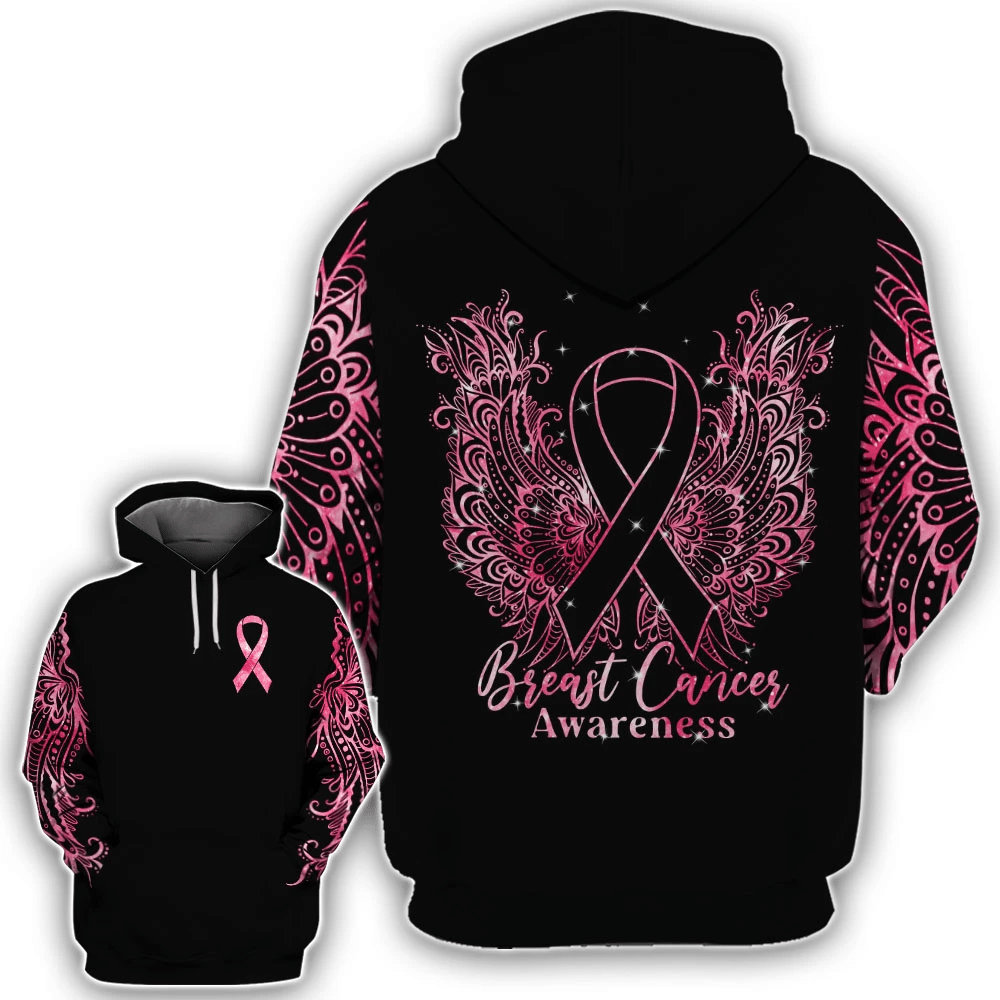 T-shirt et sweat à capuche Mandala Breast Cancer Wings - Sensibilisation au cancer du sein (0822)