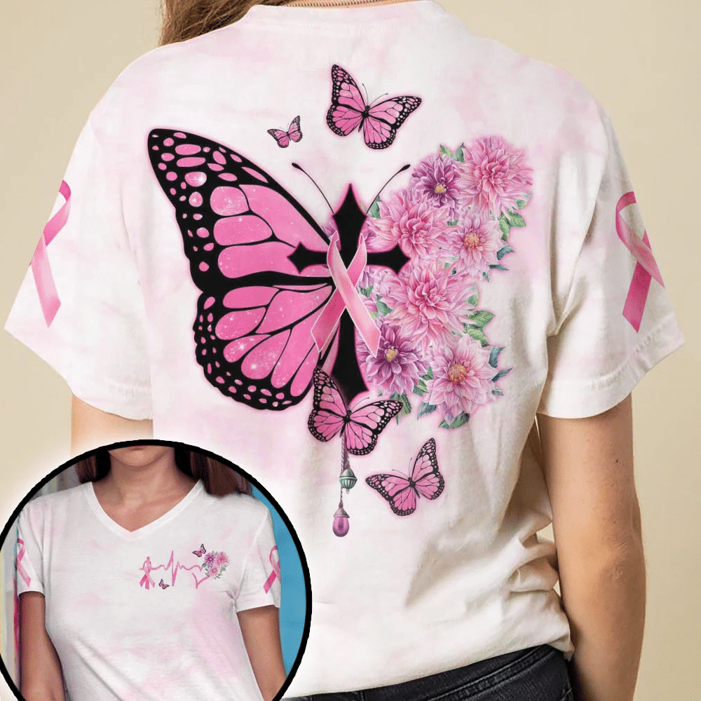T-shirt et sweat à capuche « Croix papillon et ruban rose » – Sensibilisation au cancer du sein (0822)