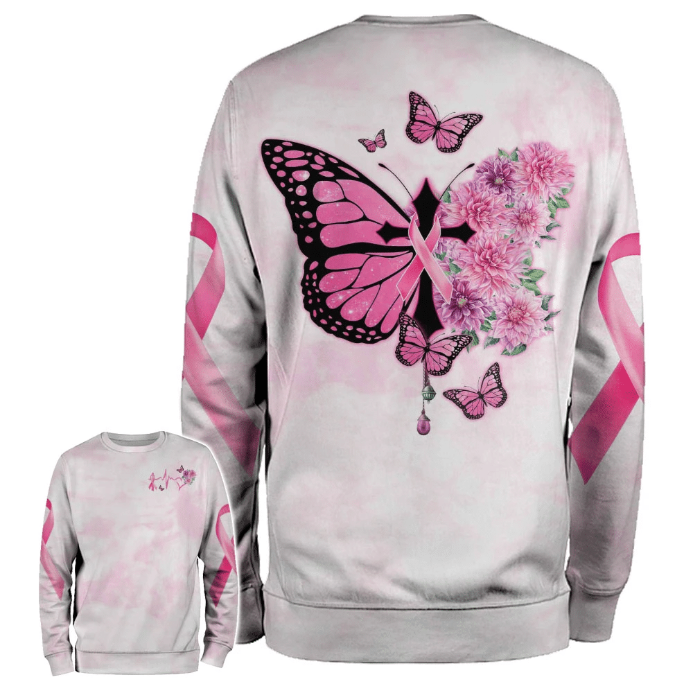 T-shirt et sweat à capuche « Croix papillon et ruban rose » – Sensibilisation au cancer du sein (0822)