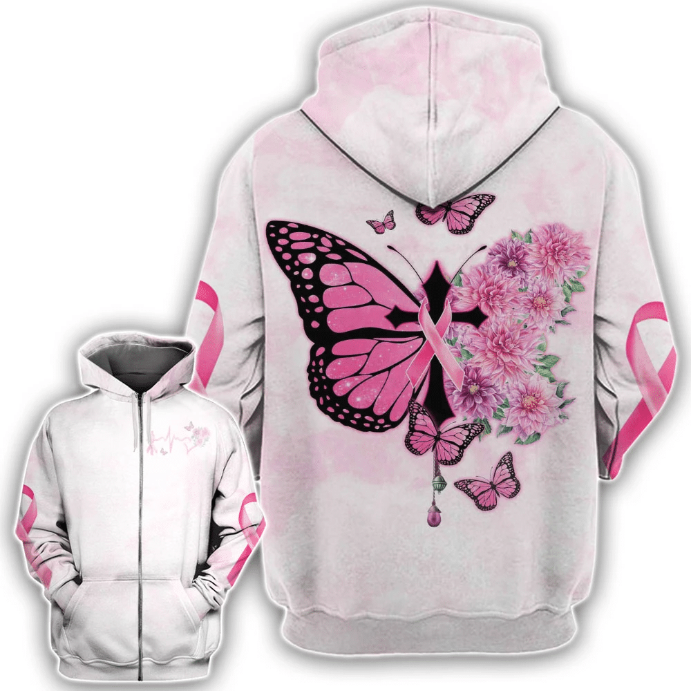 T-shirt et sweat à capuche « Croix papillon et ruban rose » – Sensibilisation au cancer du sein (0822)