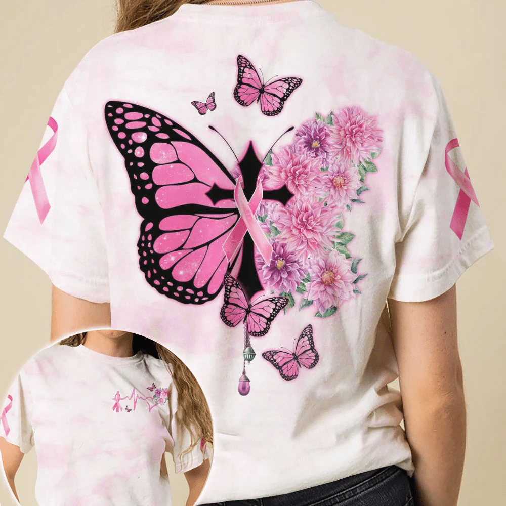 T-shirt et sweat à capuche « Croix papillon et ruban rose » – Sensibilisation au cancer du sein (0822)
