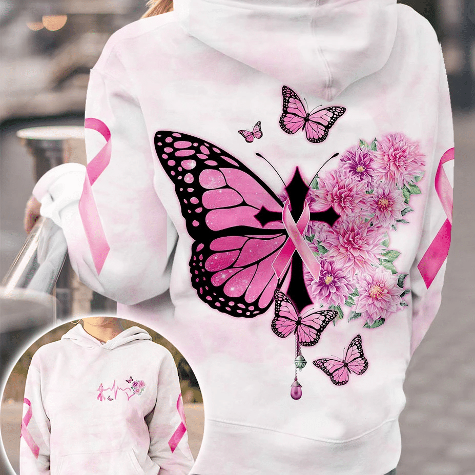 T-shirt et sweat à capuche « Croix papillon et ruban rose » – Sensibilisation au cancer du sein (0822)