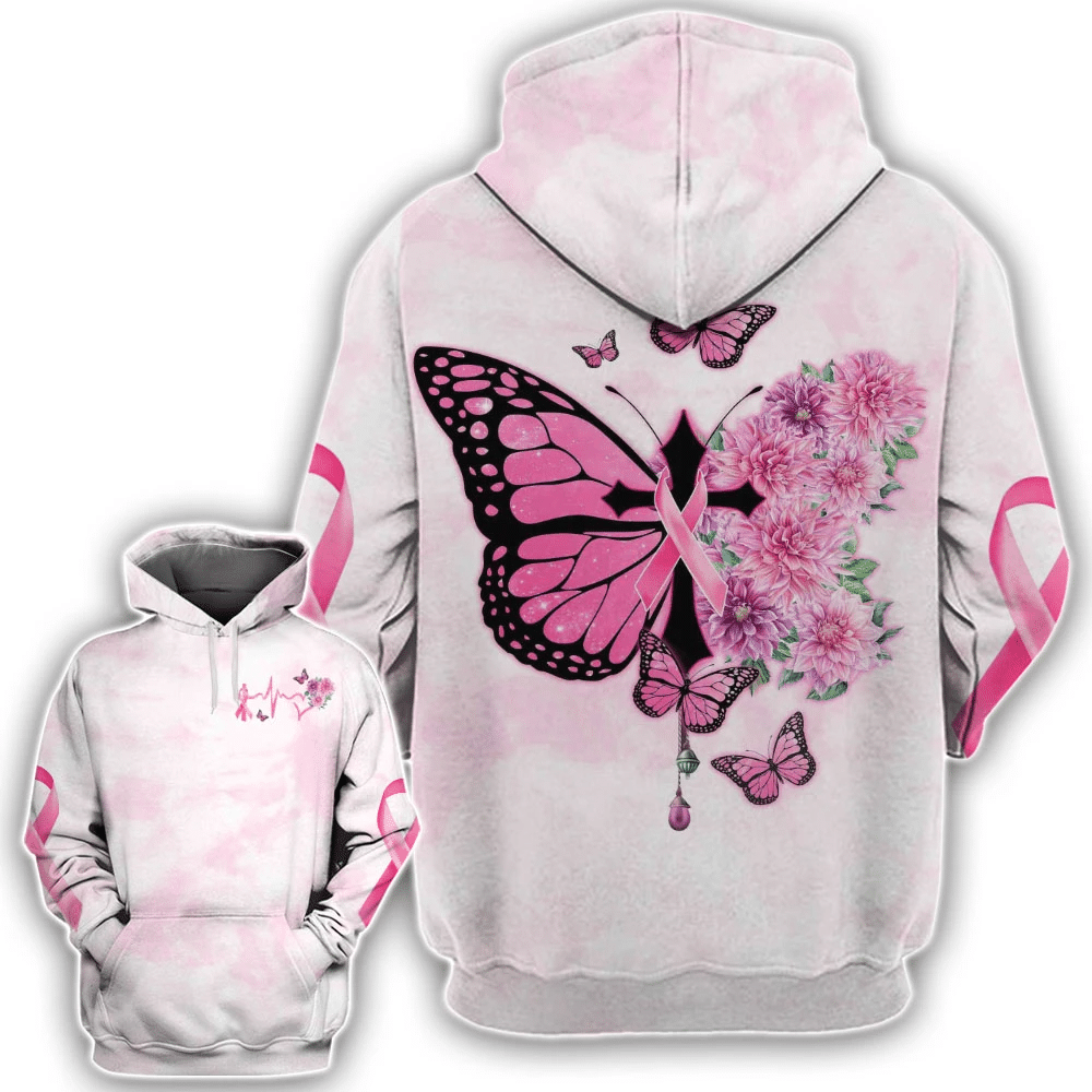 T-shirt et sweat à capuche « Croix papillon et ruban rose » – Sensibilisation au cancer du sein (0822)
