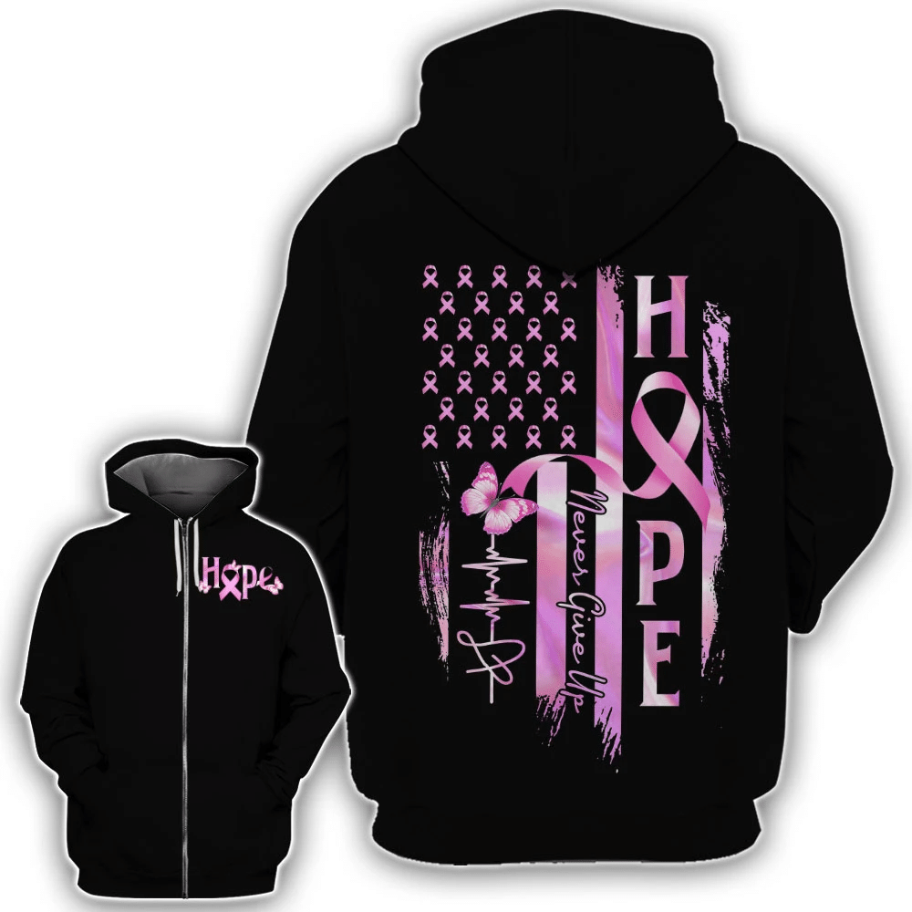 T-shirt et sweat à capuche « Hope Flag Never Give Up » (Sensibilisation au cancer du sein) - 0822