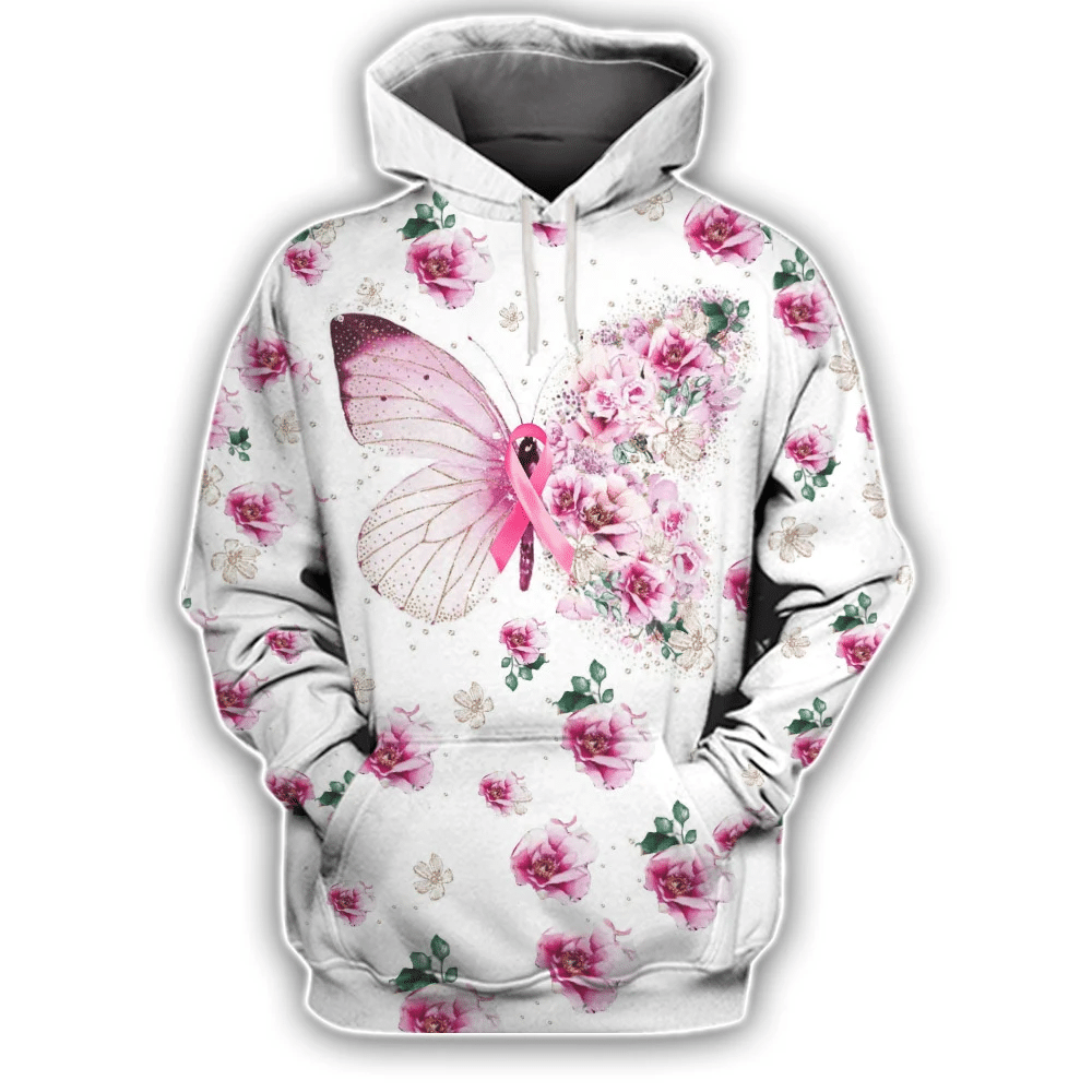 T-shirt et sweat à capuche « Papillon et fleurs contre le cancer du sein » (0822)