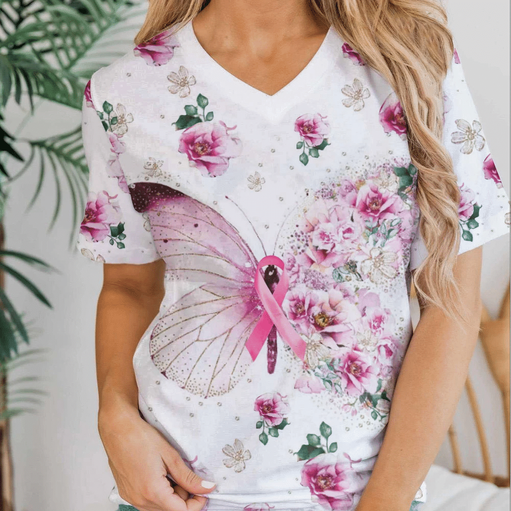 T-shirt et sweat à capuche « Papillon et fleurs contre le cancer du sein » (0822)