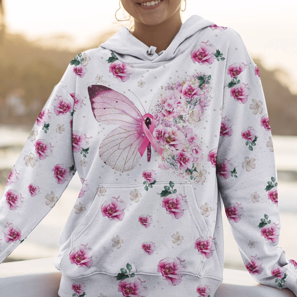 T-shirt et sweat à capuche « Papillon et fleurs contre le cancer du sein » (0822)