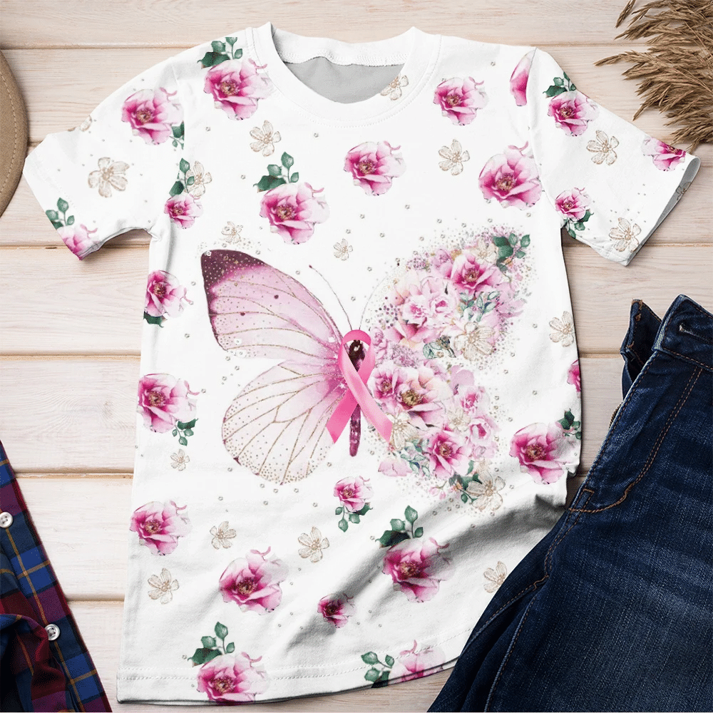 T-shirt et sweat à capuche « Papillon et fleurs contre le cancer du sein » (0822)