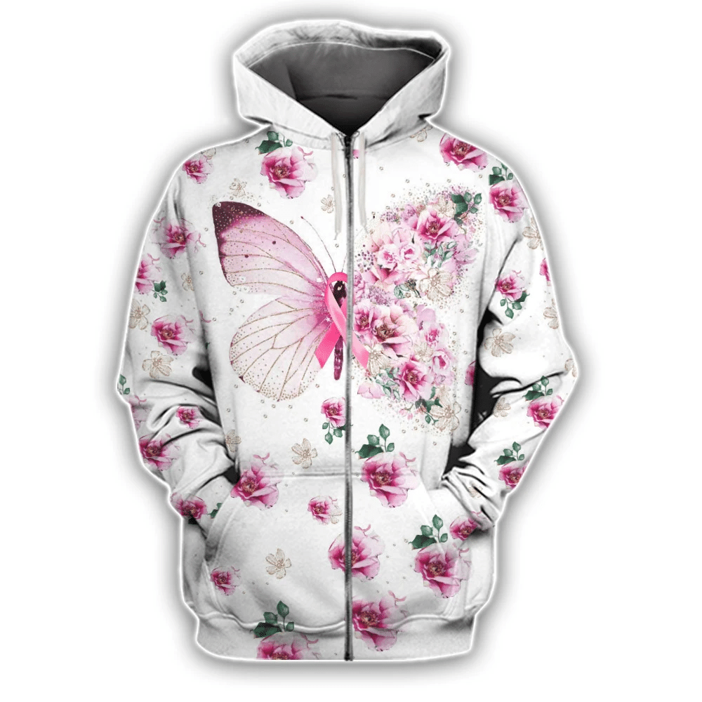 T-shirt et sweat à capuche « Papillon et fleurs contre le cancer du sein » (0822)