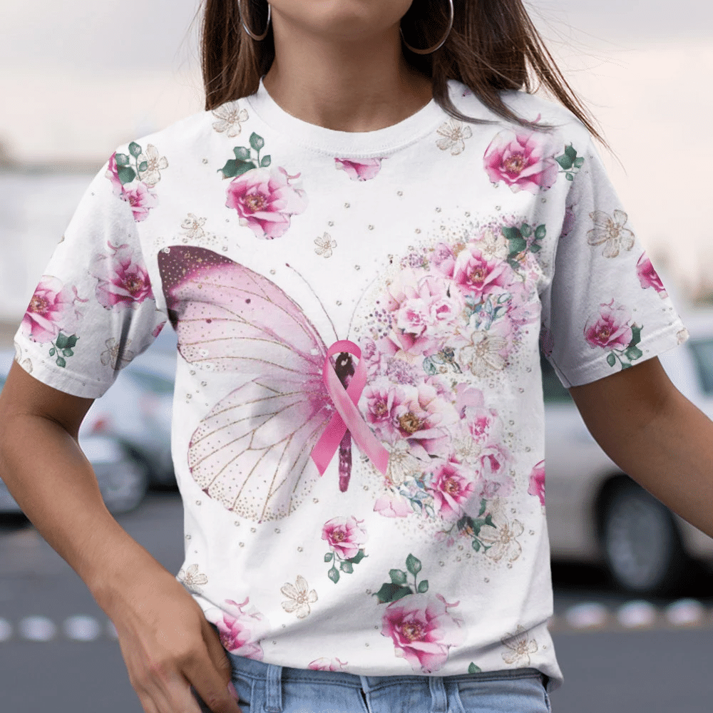 T-shirt et sweat à capuche « Papillon et fleurs contre le cancer du sein » (0822)