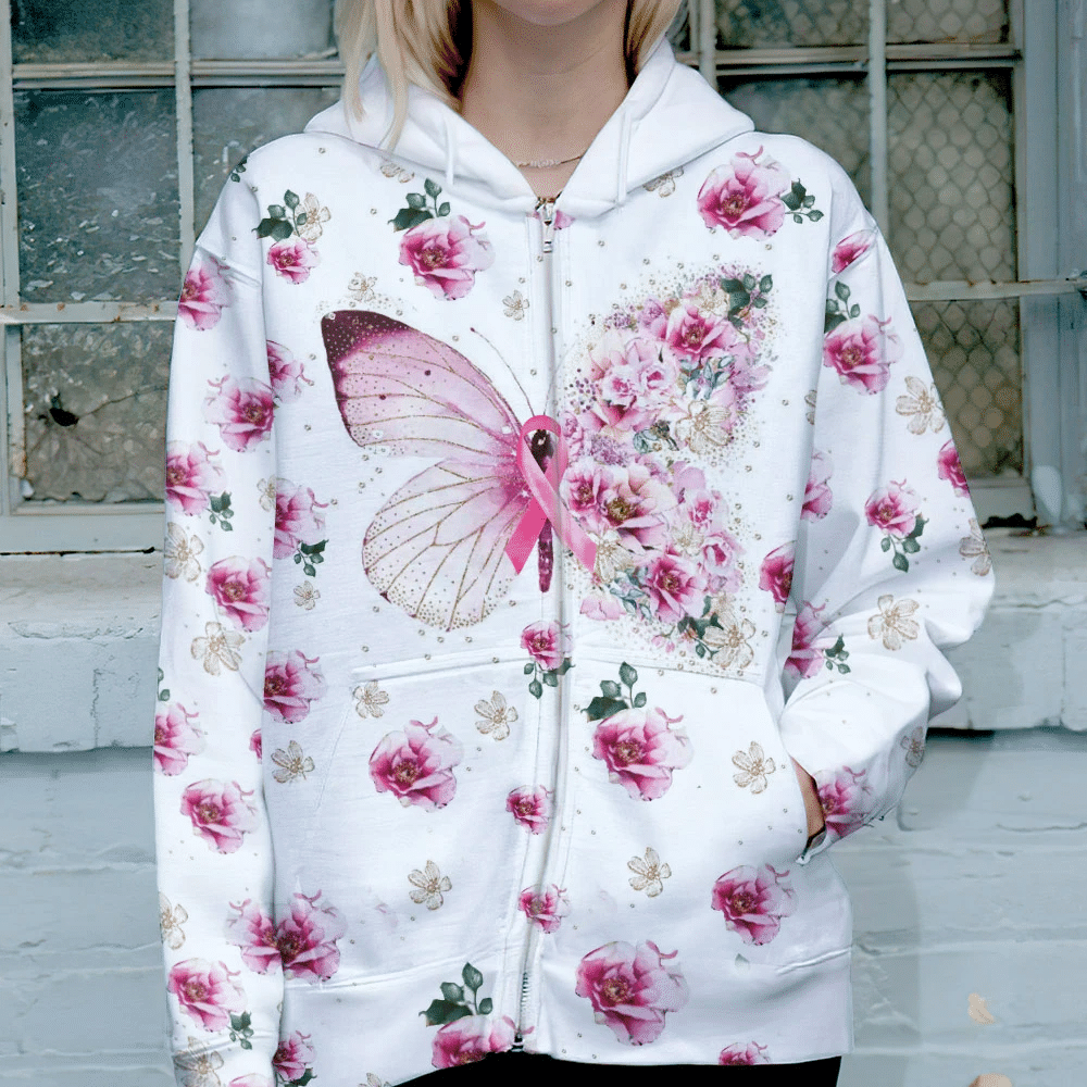 T-shirt et sweat à capuche « Papillon et fleurs contre le cancer du sein » (0822)