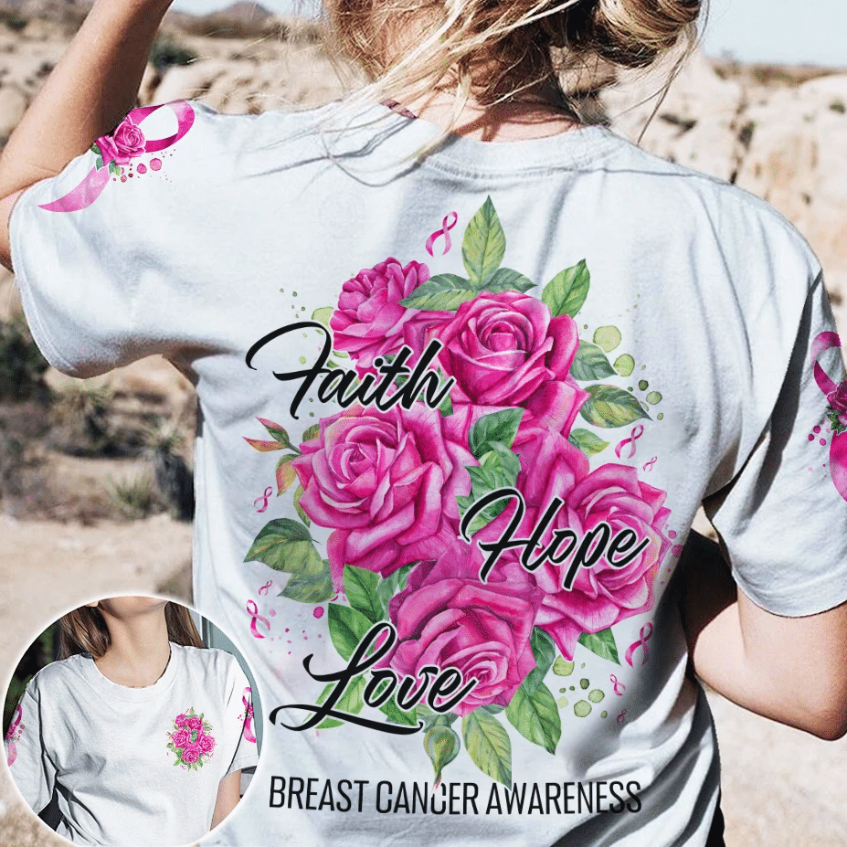 Roses Foi Espoir Amour - T-shirt et sweat à capuche imprimés pour la sensibilisation au cancer du sein 0822