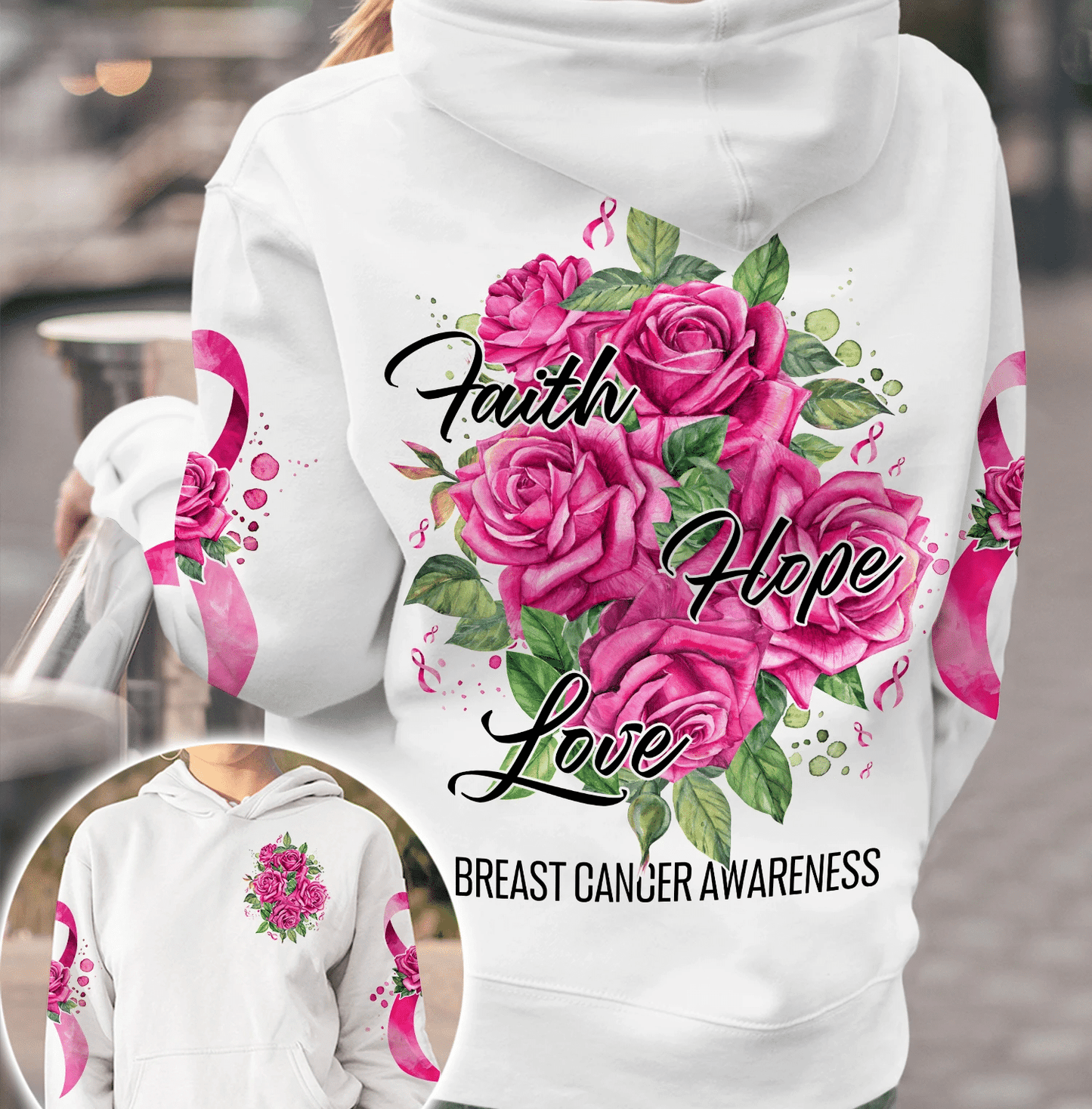 Roses Foi Espoir Amour - T-shirt et sweat à capuche imprimés pour la sensibilisation au cancer du sein 0822