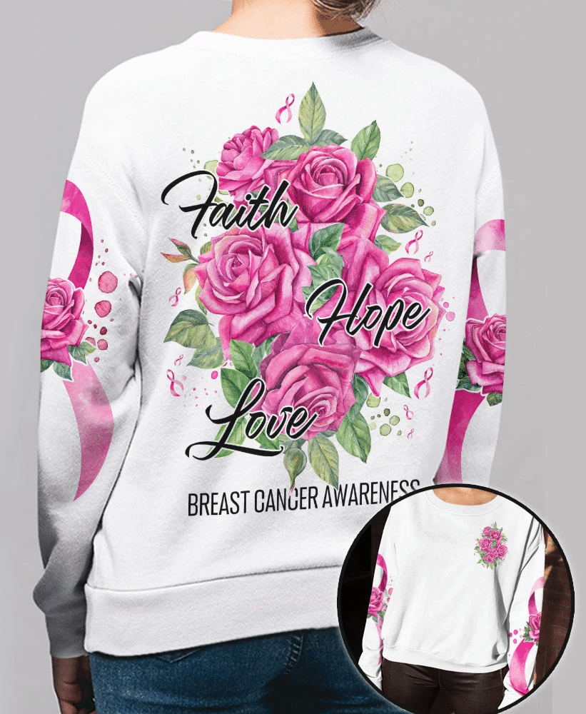 Roses Foi Espoir Amour - T-shirt et sweat à capuche imprimés pour la sensibilisation au cancer du sein 0822