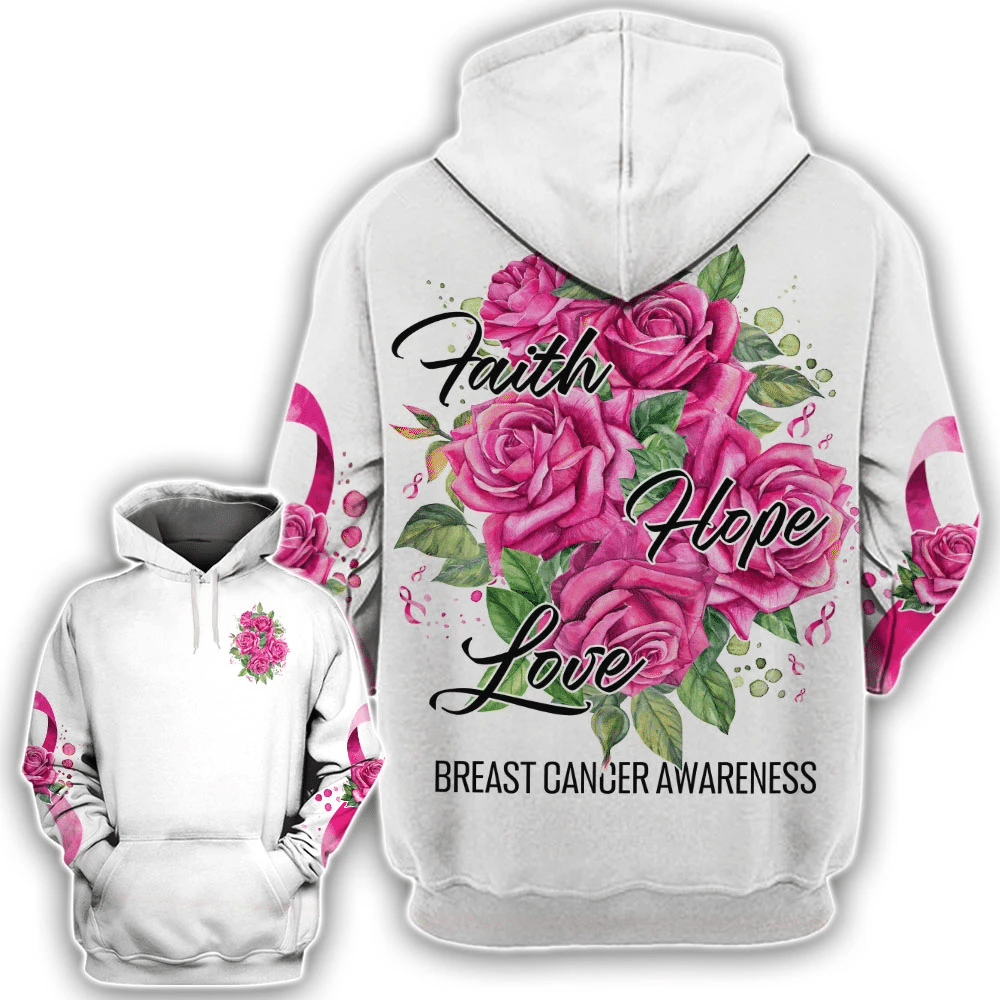 Roses Foi Espoir Amour - T-shirt et sweat à capuche imprimés pour la sensibilisation au cancer du sein 0822