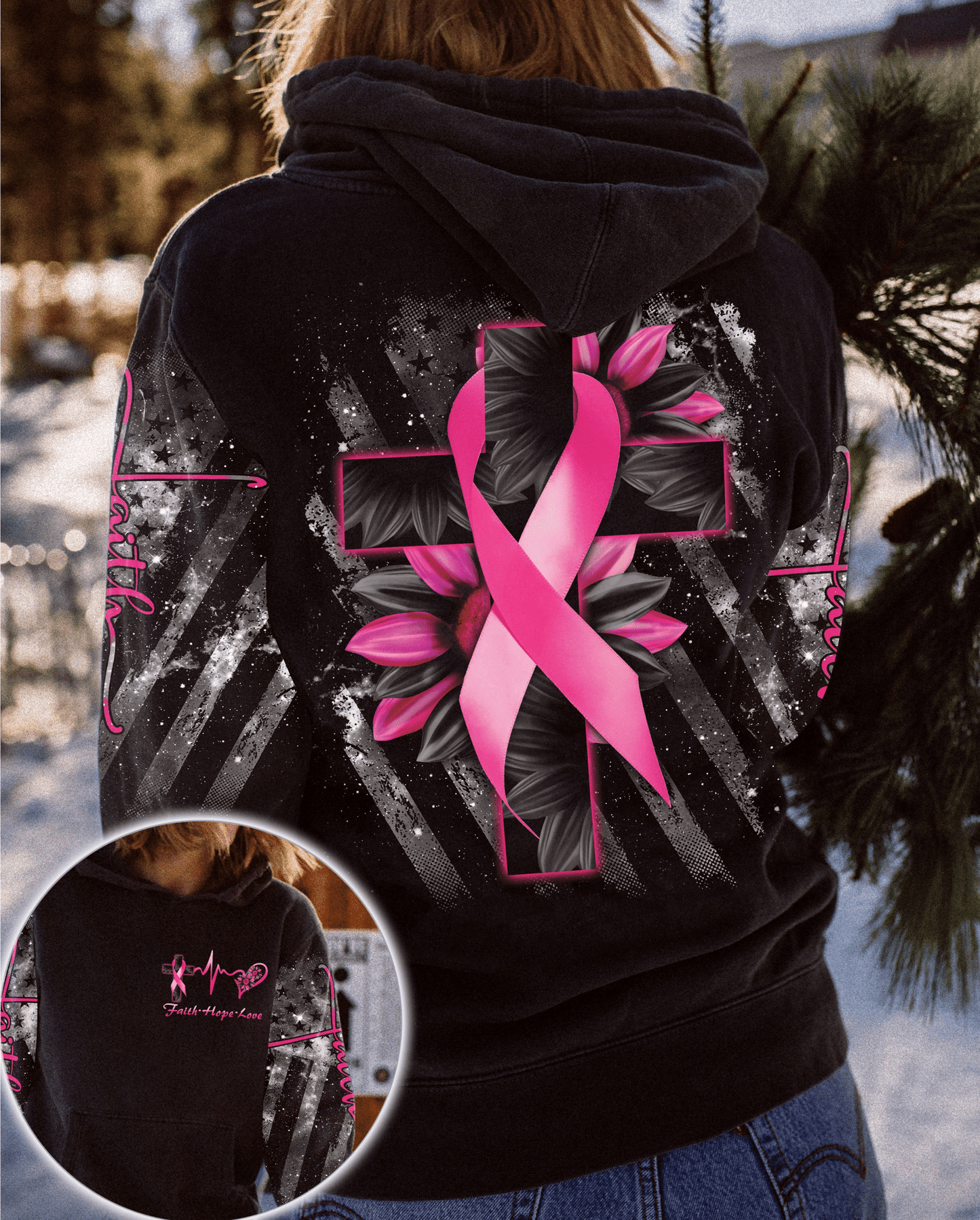 Faith Cross Sunflower Breast Cancer - Breast Cancer Awareness All Over T-shirt and Hoodie 0822